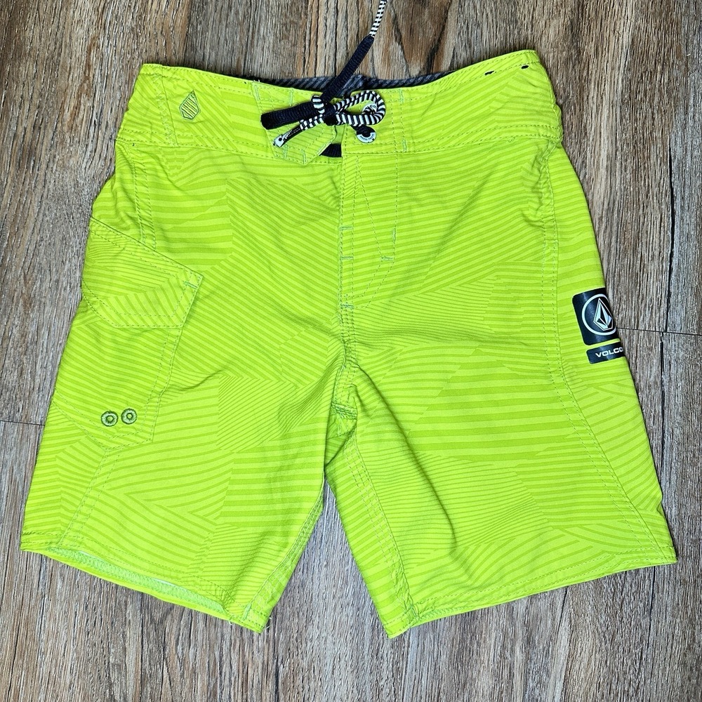 Volcom Boys 4T Board Shorts Swim Trunks Neon Green Surf Beach Swimwear